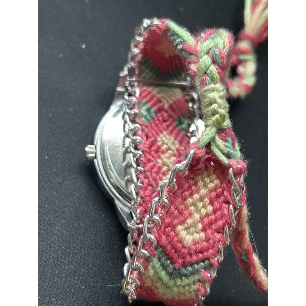 Silver Tone Pink Dial Multicolored Band Women’s Quartz Watch